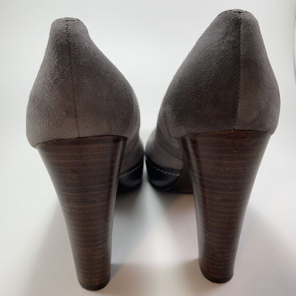 True Religion High Heel Platforms Women’s 8.5 Gray Suede Brown Leather 4.5" Heel - Picture 14 of 16